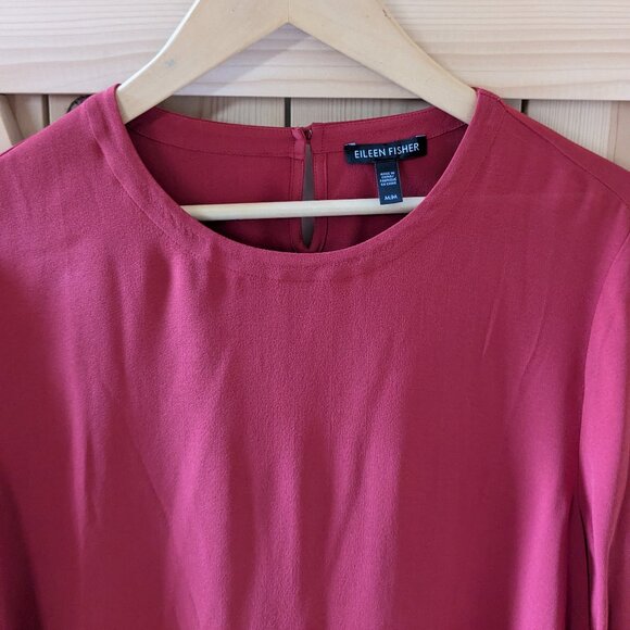 Eileen Fisher Silk Georgette Crepe Dress Medium Red Long Sleeve Round Neck Flow - Picture 3 of 10